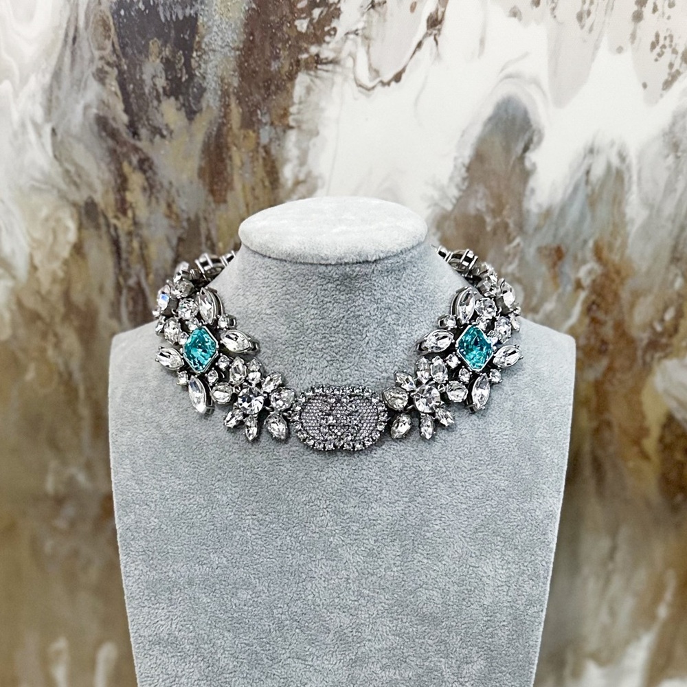 Rare Gucci Chunky Crystal Interlocking G Crystal Flower Choker Necklace Silver